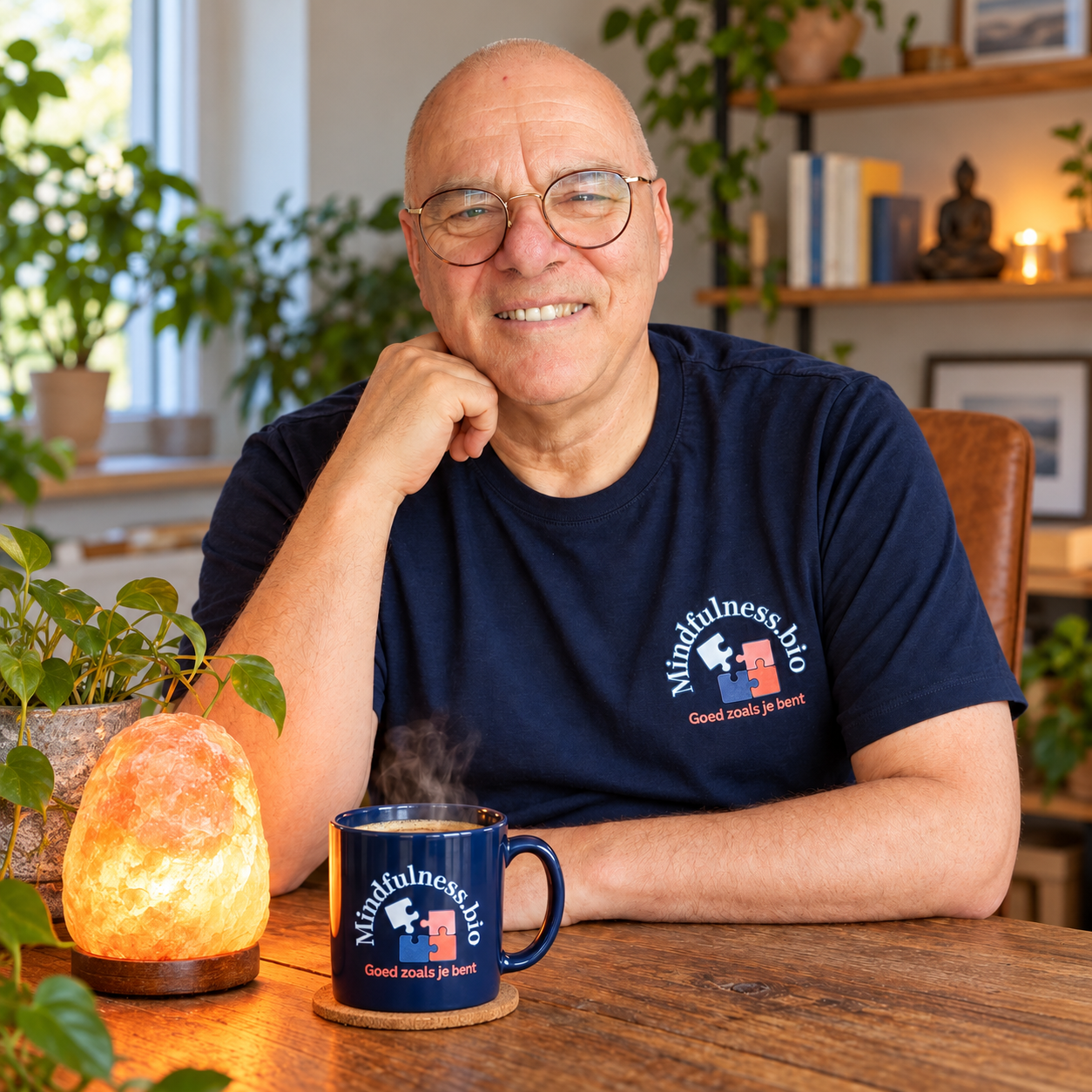Reinier van den Heuvel bij een zoutlamp en een koffiemok
